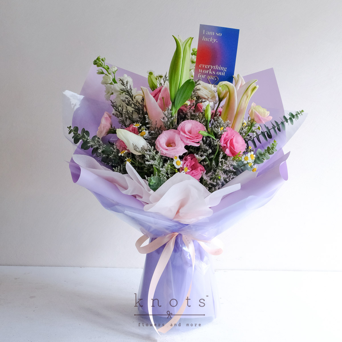 The Lucky One (Pink Lily and White Tulips Affirmation Bouquet)