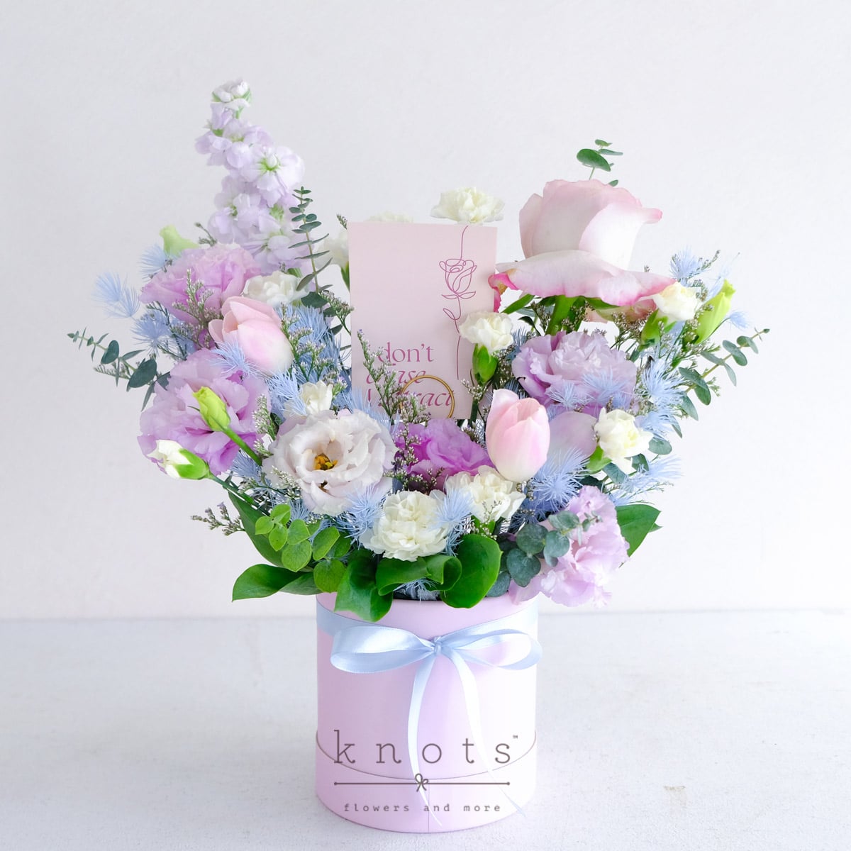 Lavender Sky (Pink Tulips and Purple Rose Affirmation Arrangement)