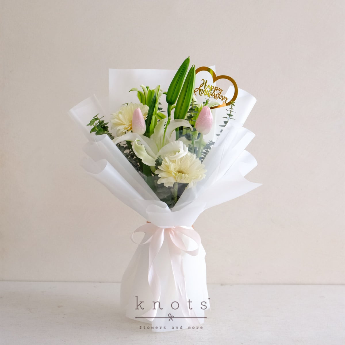 Eternal Companion (White Lily, Pink Tulips and Gerberas Bouquet)