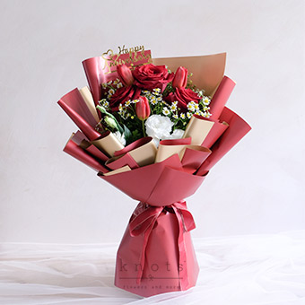 Sweet Darling (Red Ecuadorian Roses and Red Tulips Bouquet)