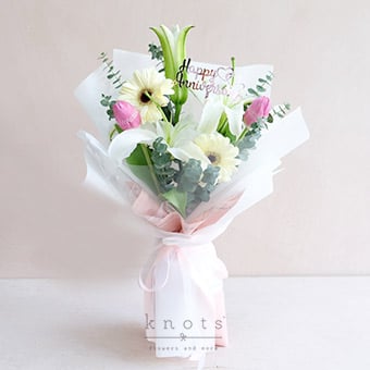 Eternal Companion (White Lily, Fuchsia Tulips, and Gerberas Bouquet)
