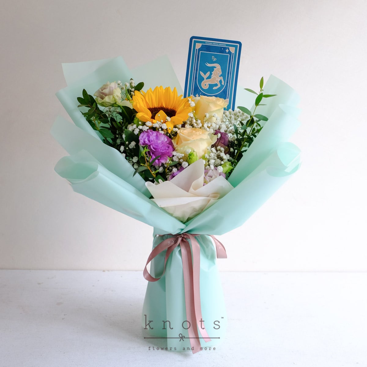 Teal Zenith (Sunflower and Peach Roses Bouquet)