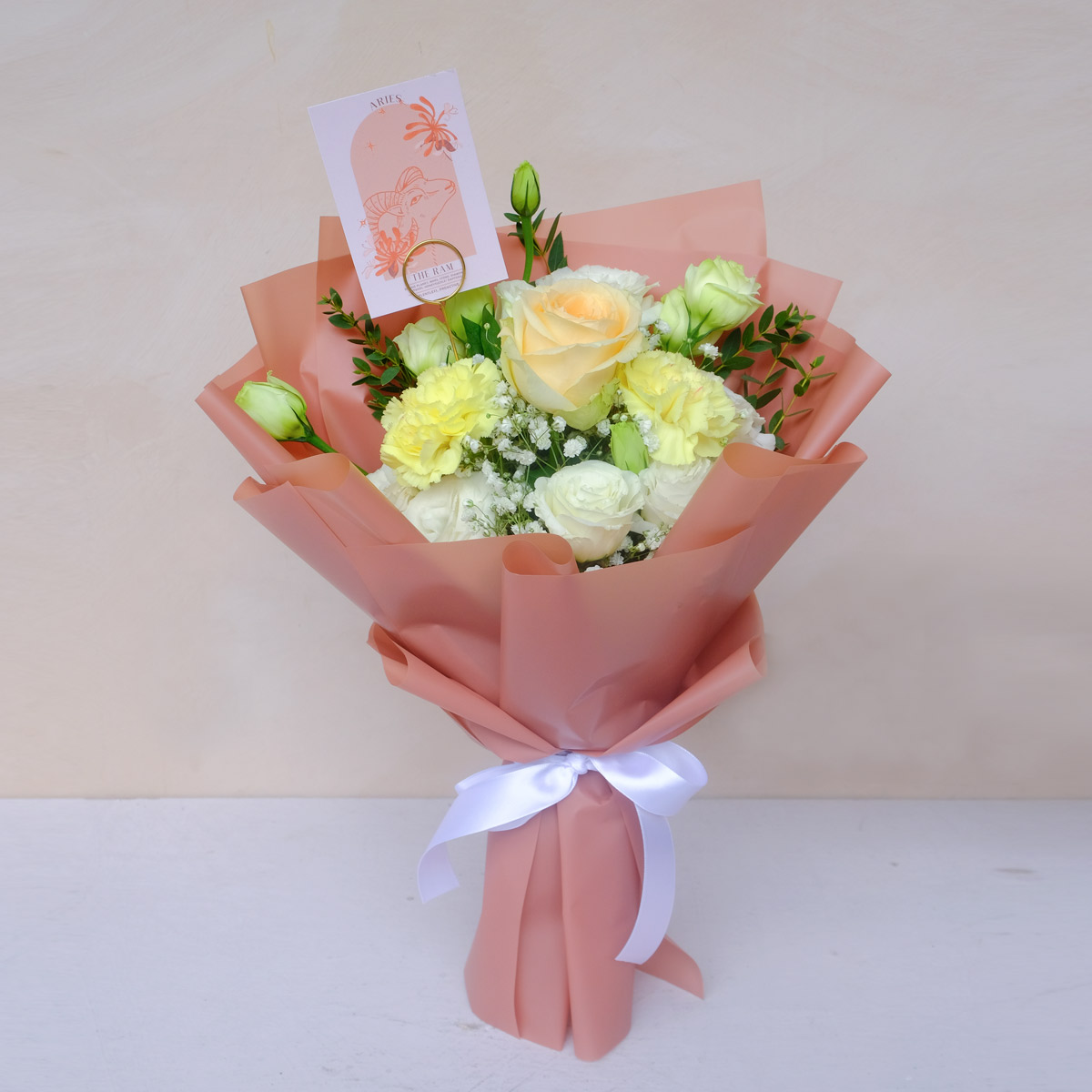 Courageous Aries (Peach Rose and Yellow Carnations Bouquet)