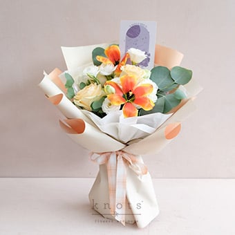 Centaur's Vendetta Sagittarius (Peach Roses, and Orange Tulips Bouquet)