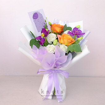 Leola Sagittarius (Orange Ecuadorian Rose and Purple Tulips Bouquet)