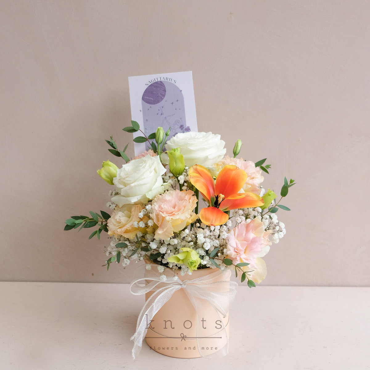 Austen Sagittarius (White Roses, and Orange Tulip Boxed Arrangement)