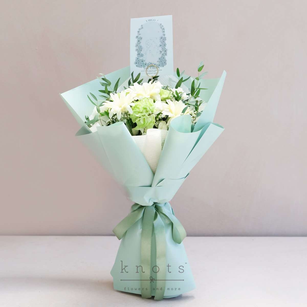 Achaea Virgo (Green Carnations and White Gerberas Bouquet)