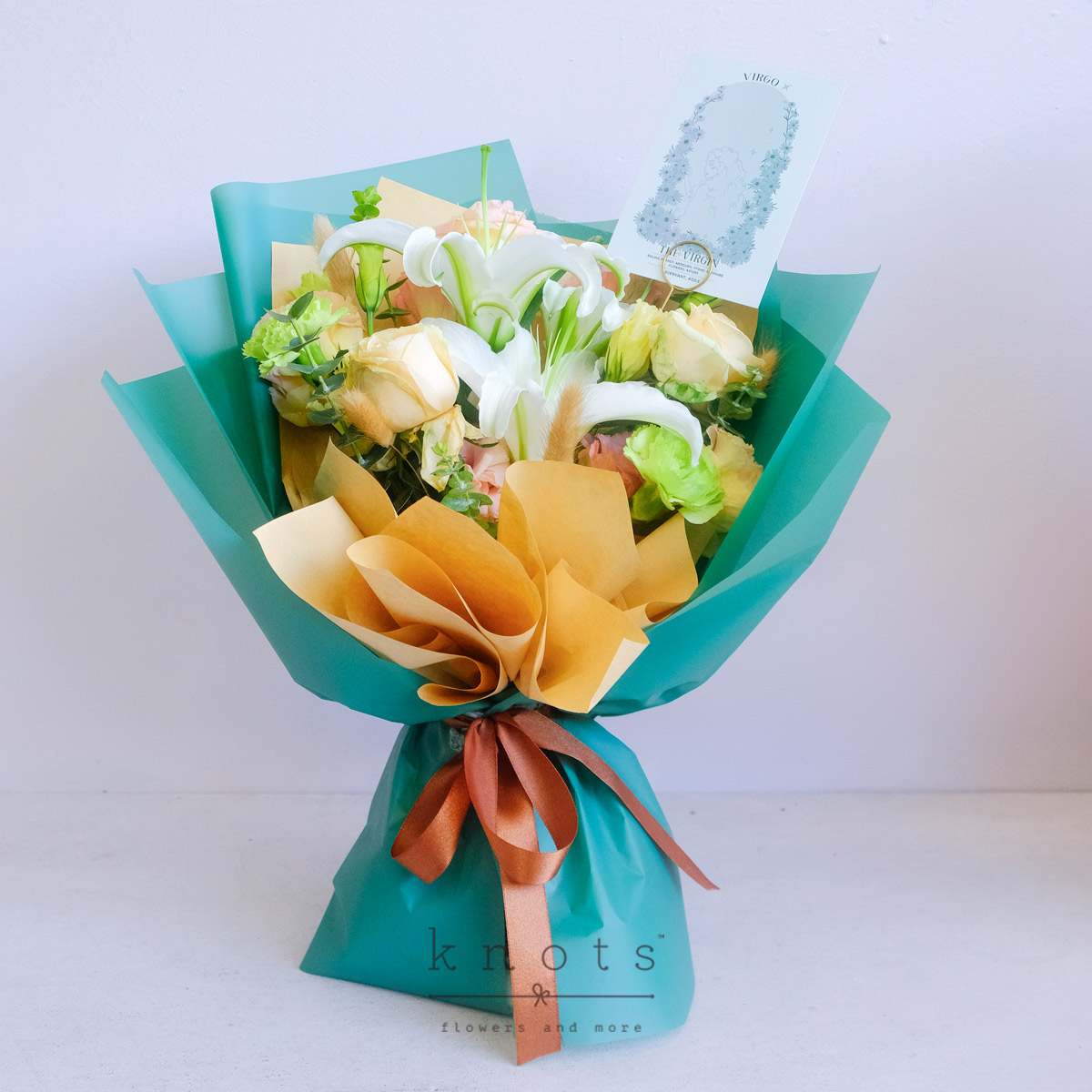 Celestial Virgo (White Lily, Peach Rose and Green Carnation Bouquet)