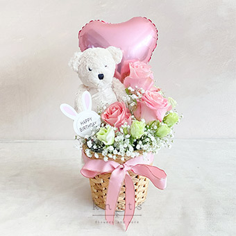 Soft Darlings (Pink Ecuadorian Roses w/ Birthday Bear Arrangement)