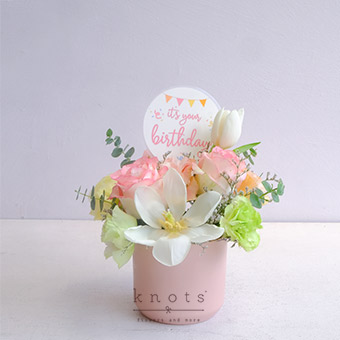 Birthday Cheers (White Tulips and Two-Toned Pink Rose Birthday Arrangement)