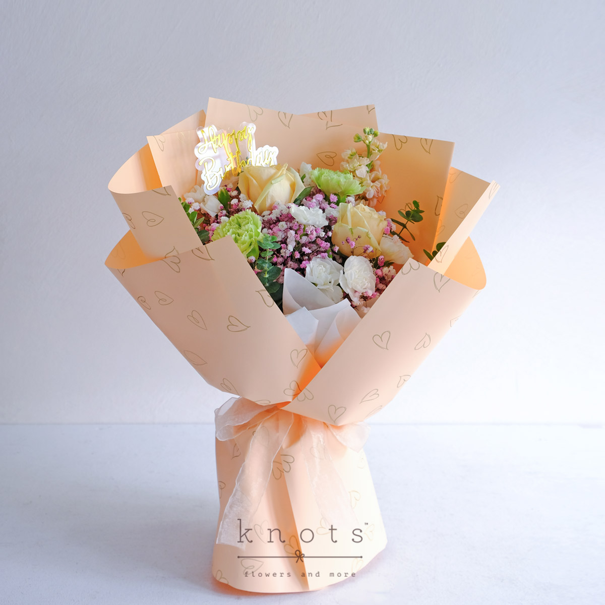 Birthday Bash (Peach Roses and Green Carnations Birthday Bouquet)