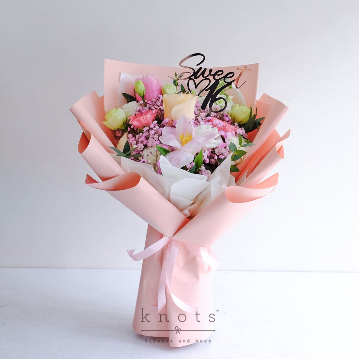The Birthday Wish (Peach Rose and Pink Tulips Bouquet)