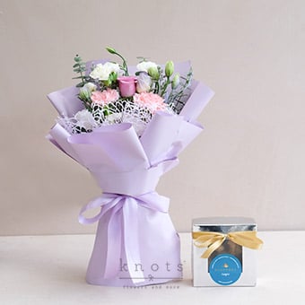 Sugar Maiden (Purple China Rose Bouquet and A Box of Fudge)