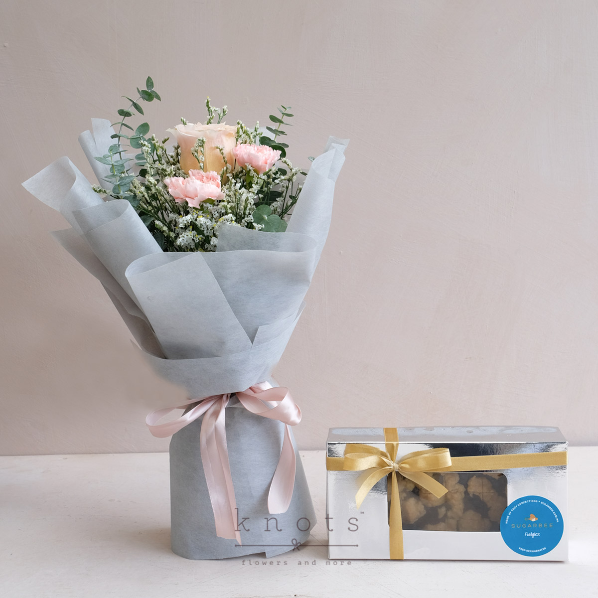Carlie (Peach Ecuadorian Rose Bouquet and A Box of Fudge)