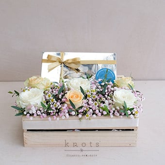 Fudgy Babies (Peach and White China Roses Arrangement and A Box of Fudge)