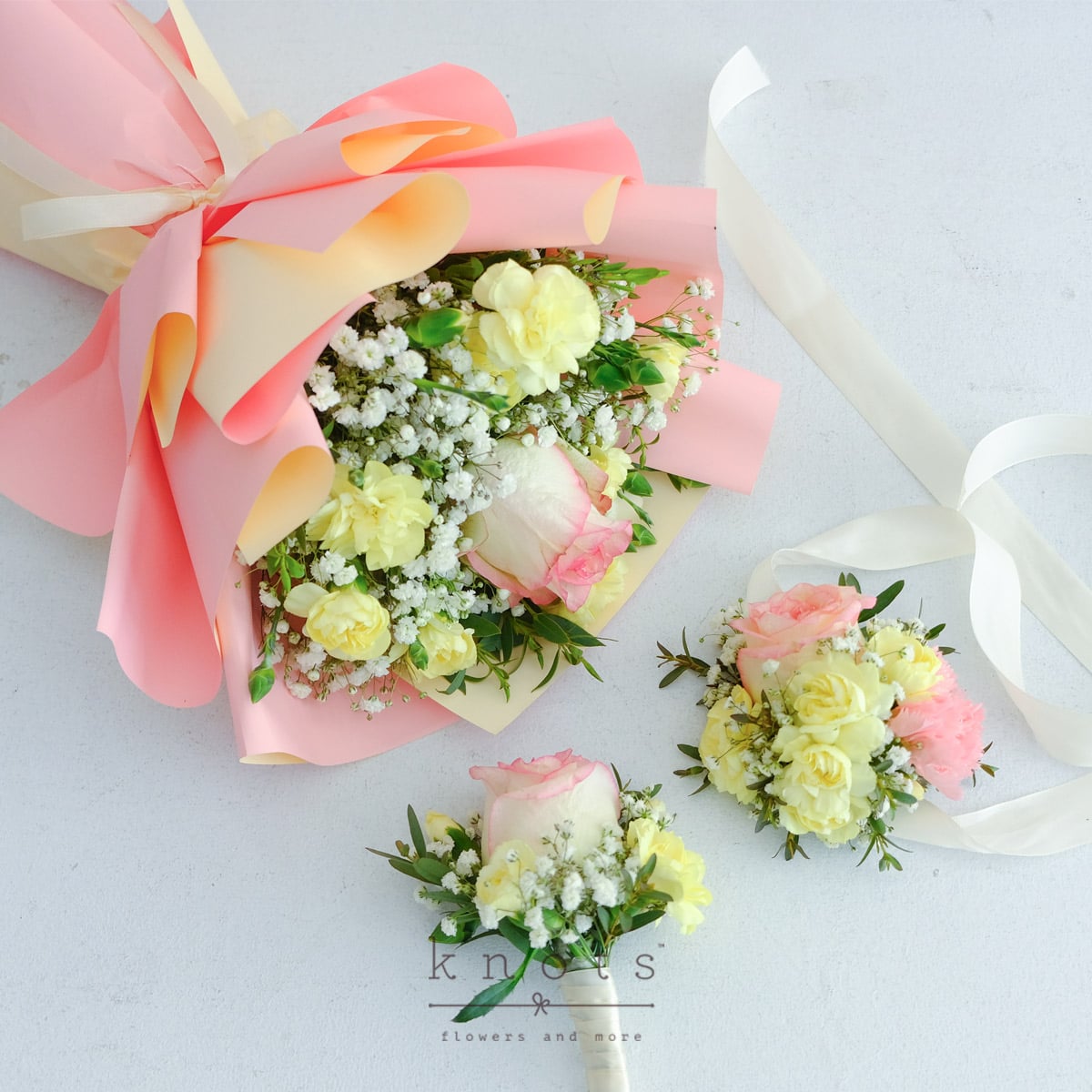 In Each Other's Arms (Two-Toned Pink Rose Corsage, Boutonniere and Bouquet Bundle)