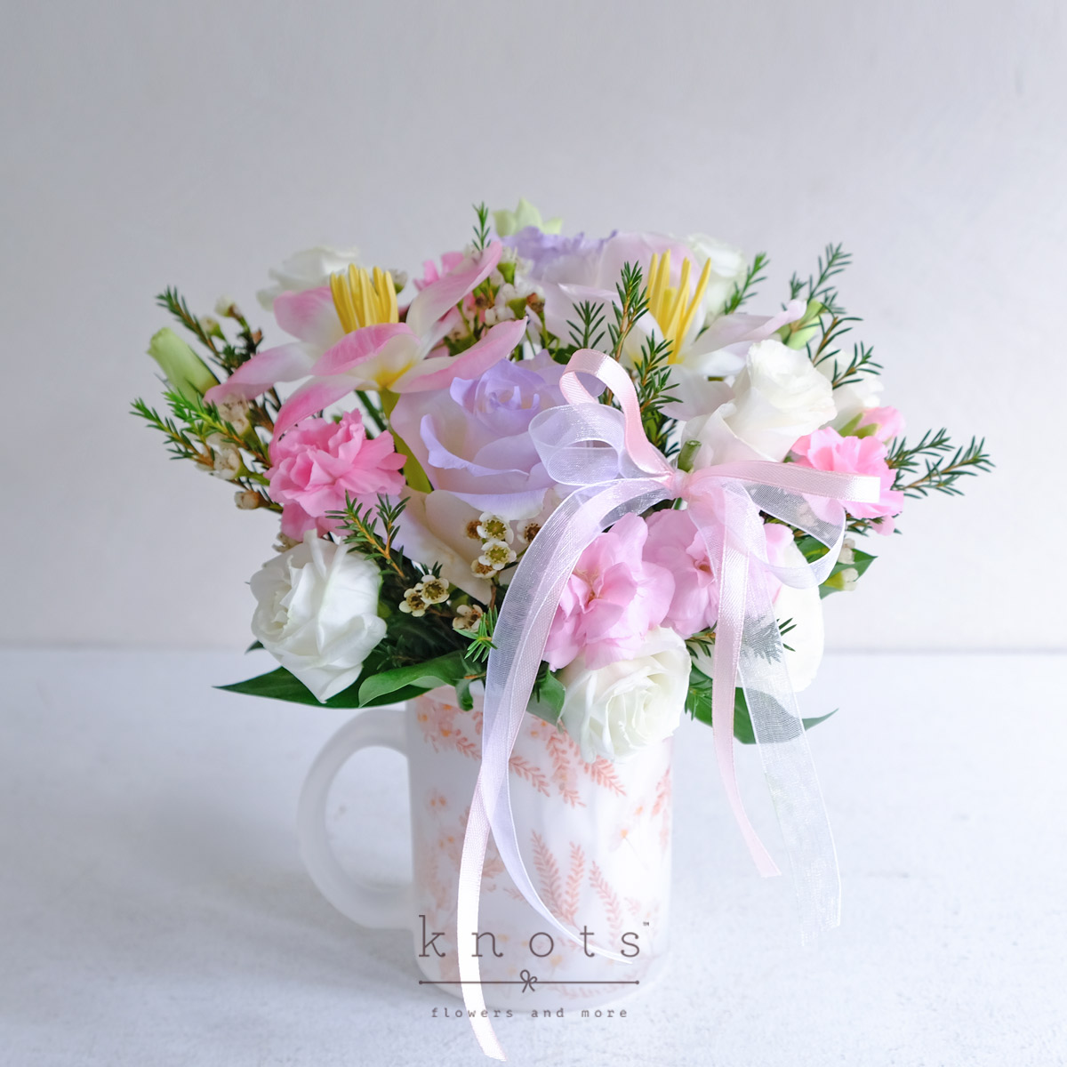 Quaint Afternoons (Pink Tulips & Rose Cup Arrangement)