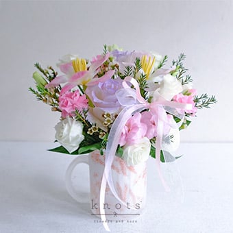 Pink Tulip and Rose Mug Arrangement