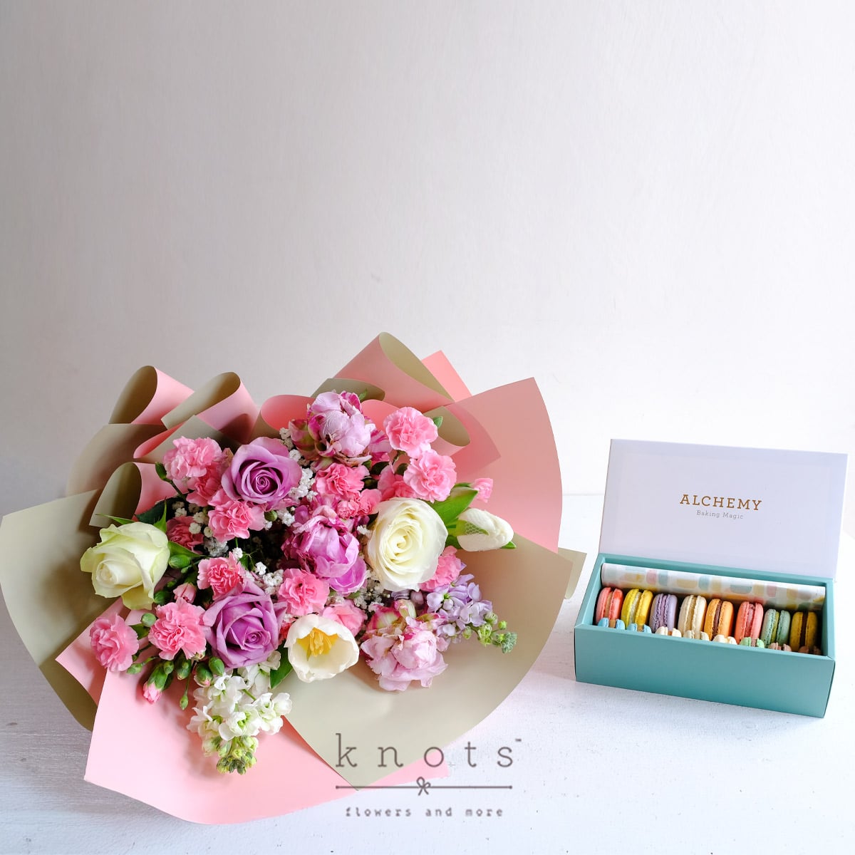A Taste of Romance (Pink Peonies and Roses Bouquet with Macarons)