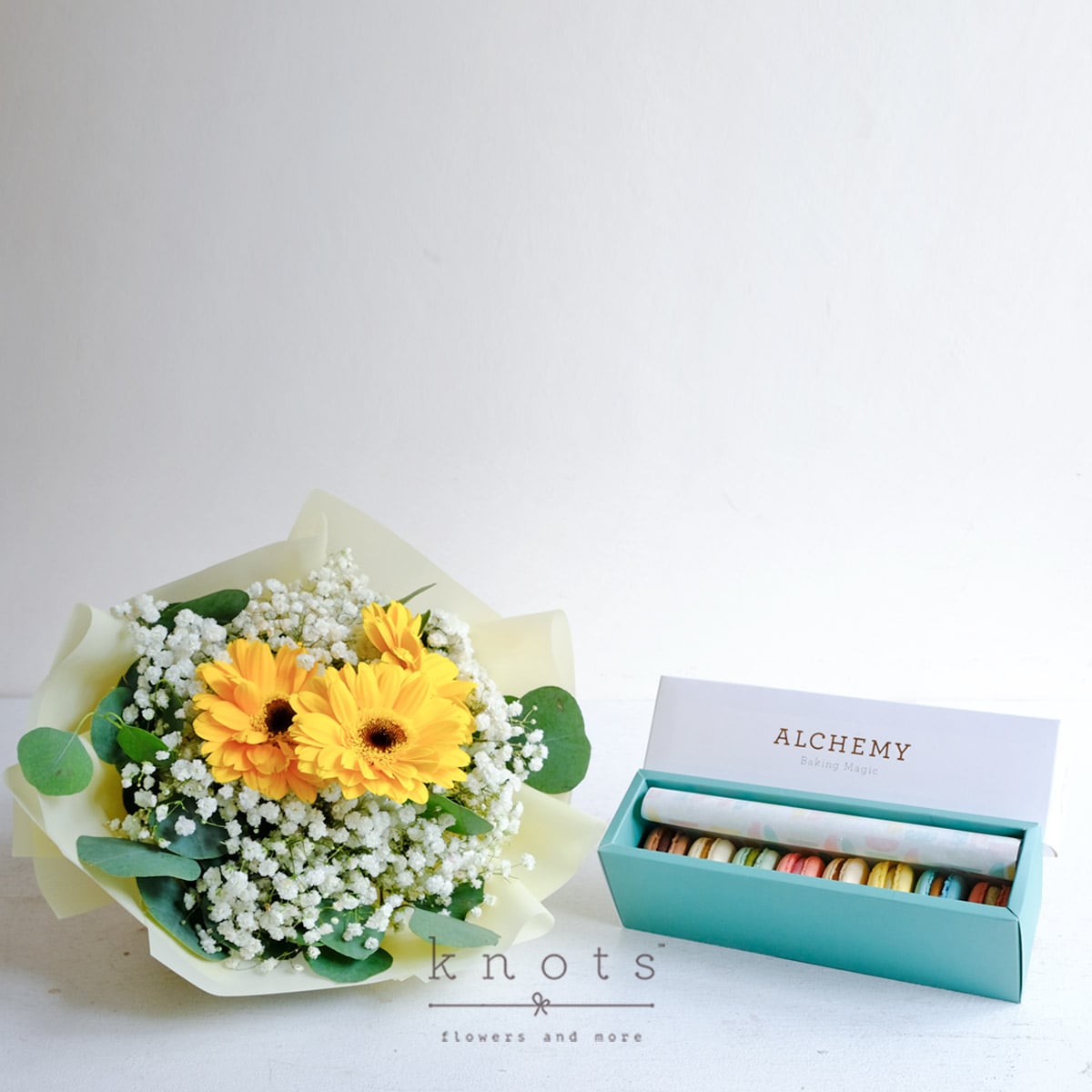 Sweet Spring (Yellow Gerbera Bouquet w/ Macarons)