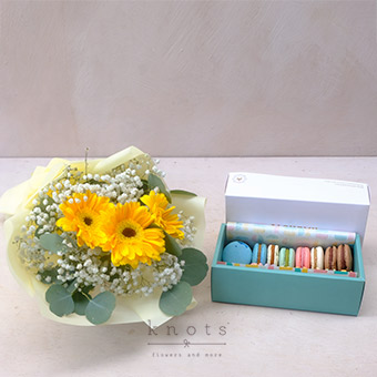 Sweet Spring (Yellow Gerbera Bouquet w/ Macarons)
