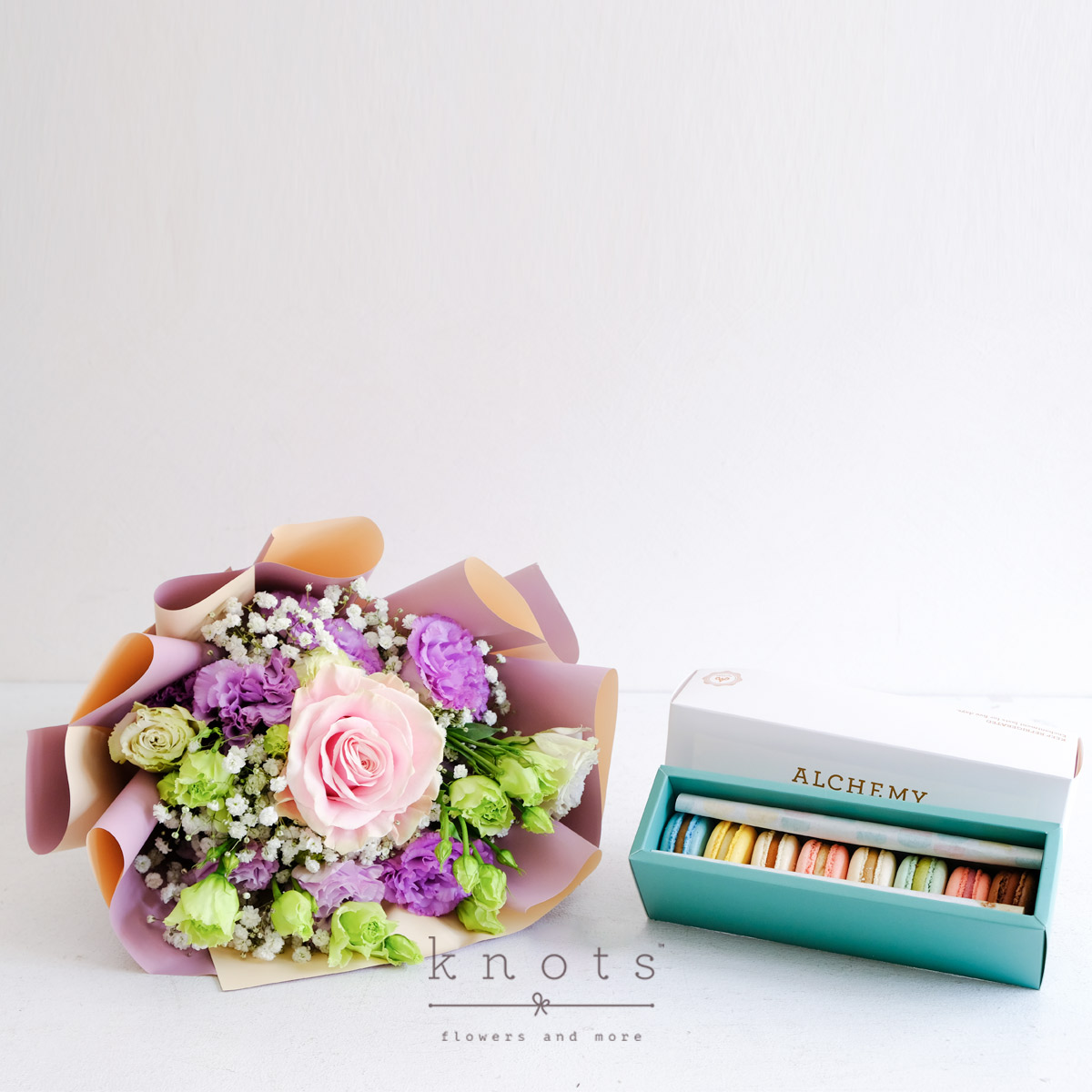 Lilac Sweets (Pink Ecuadorian Rose Bouquet w/ Macarons)