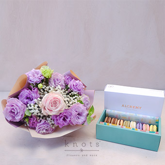 Lilac Sweets (Pink Ecuadorian Rose Bouquet w/ Macarons)