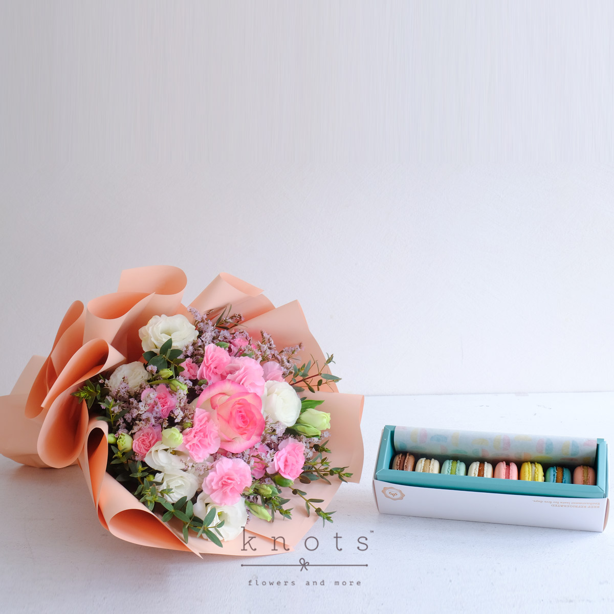 Blossoms and Bites (Pink Rose Bouquet with Macarons)