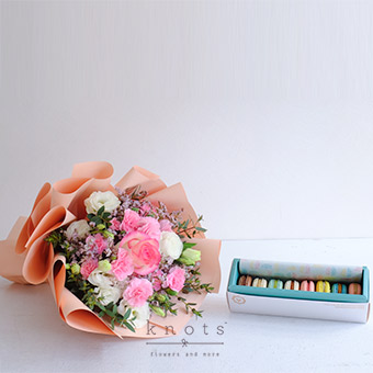 Blossoms and Bites (Pink Rose Bouquet with Macarons)