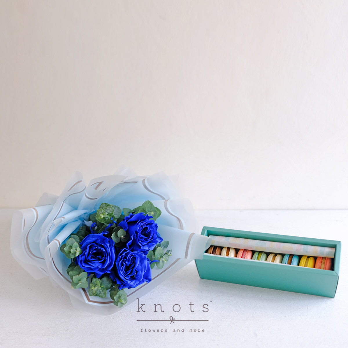 Velvet Azure (Royal Blue Roses Bouquet with Macarons)