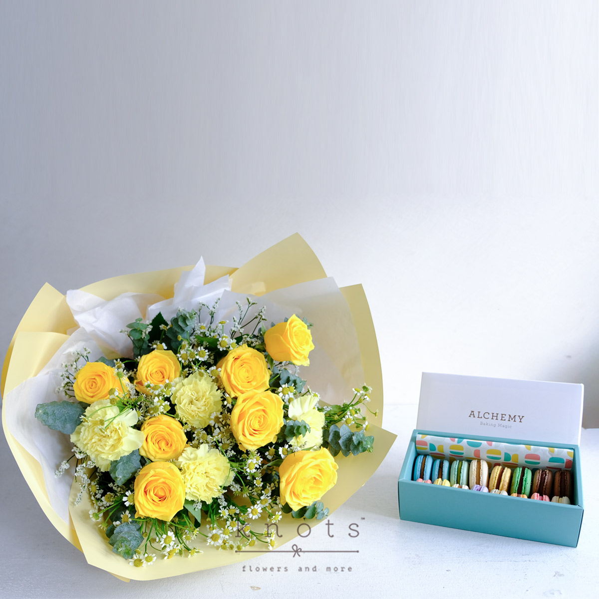 Pop of Happy (Yellow Roses Bouquet with Macarons)