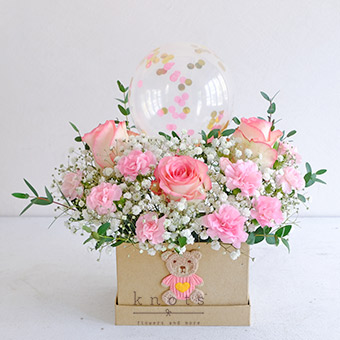 Comfort & Confetti (Two-toned Pink Roses and Balloon Arrangement)