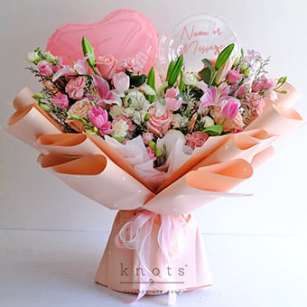 Blossoms of Love (Lilies and Ecuadorian Roses Bouquet with Balloons)