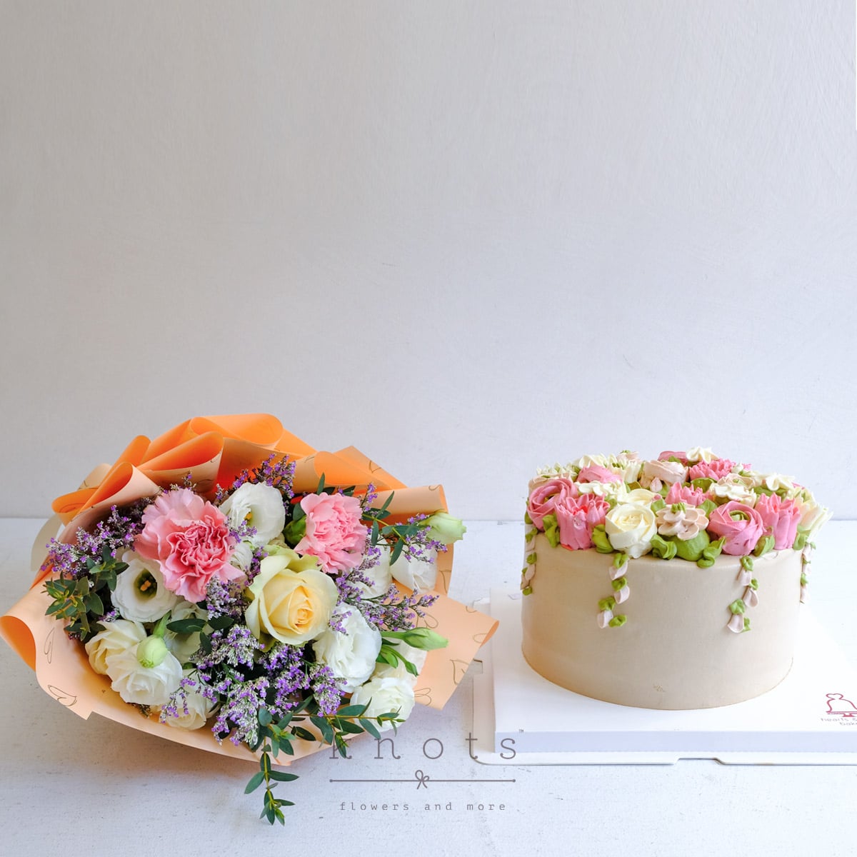 Garden Delight (Peach Rose and Pink Carnation Bouquet w/ Cake)