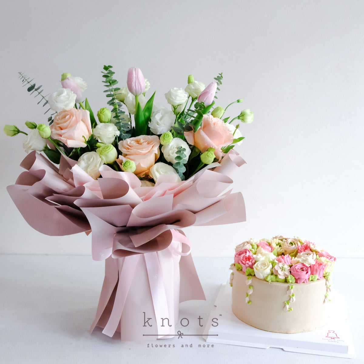Sweet Blossoms (Peach Ecuadorian Rose and Pink Tulips Bouquet w/ Cake)