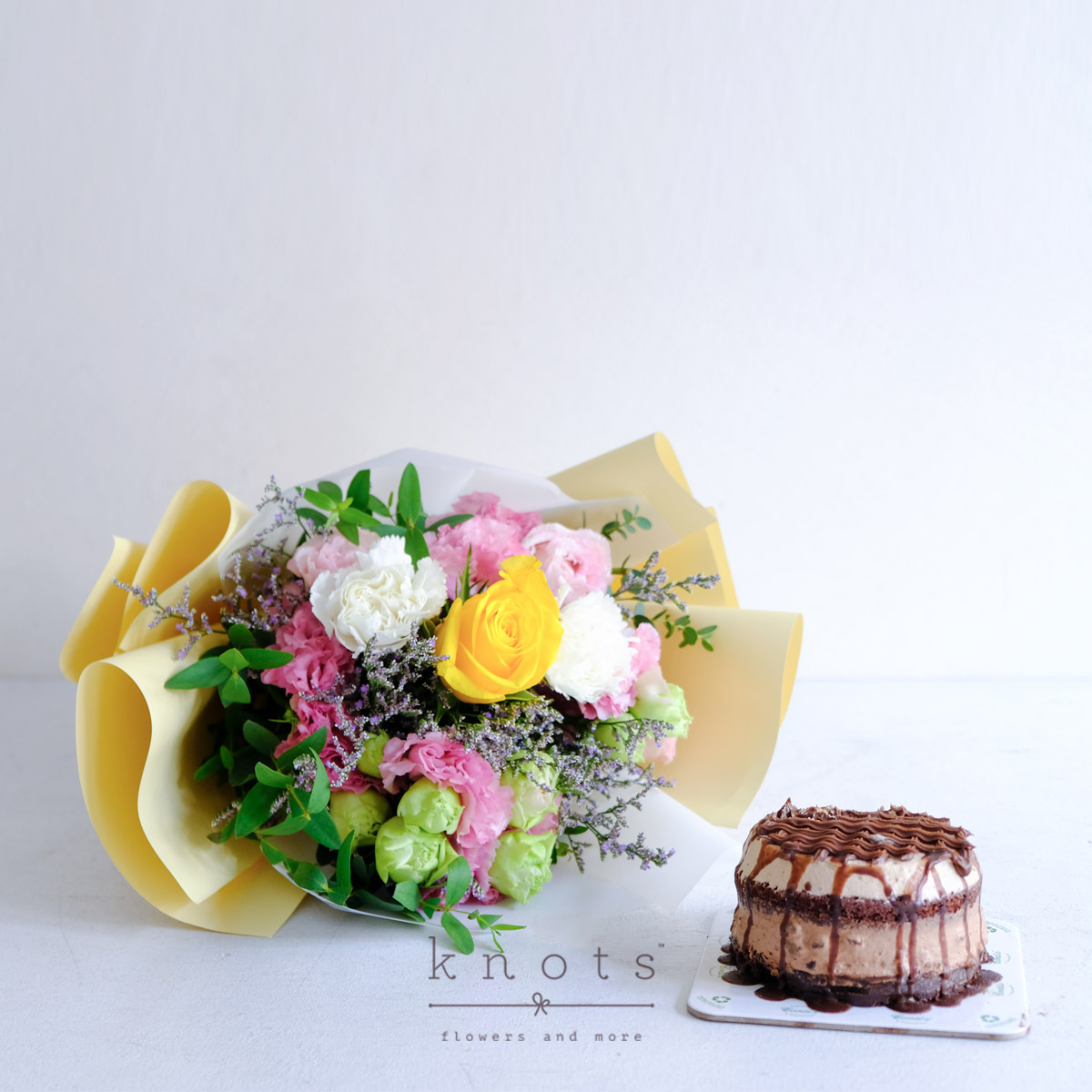 Floral Delights (Yellow Rose and White Carnation Bouquet with Cake)