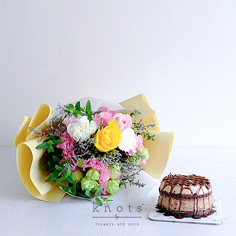Floral Delights (Yellow Rose and White Carnation Bouquet with Cake)