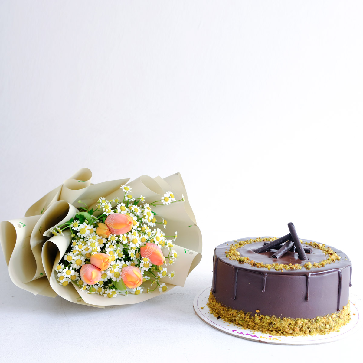 Blooming Indulgence (Orange Tulips Bouquet and Cake)