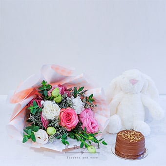 Gentle Joys (Two-Toned Pink Rose Bouquet with Cuddly and Mini Cake)