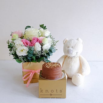 Dearest Delight (Light Pink Ecuadorian Rose Arrangement with Cuddly and Mini Cake)