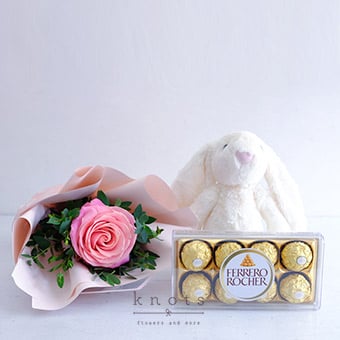 Cuddle & Sweets (Pink Ecuadorian Rose with Cuddly and Ferrero Chocolate)