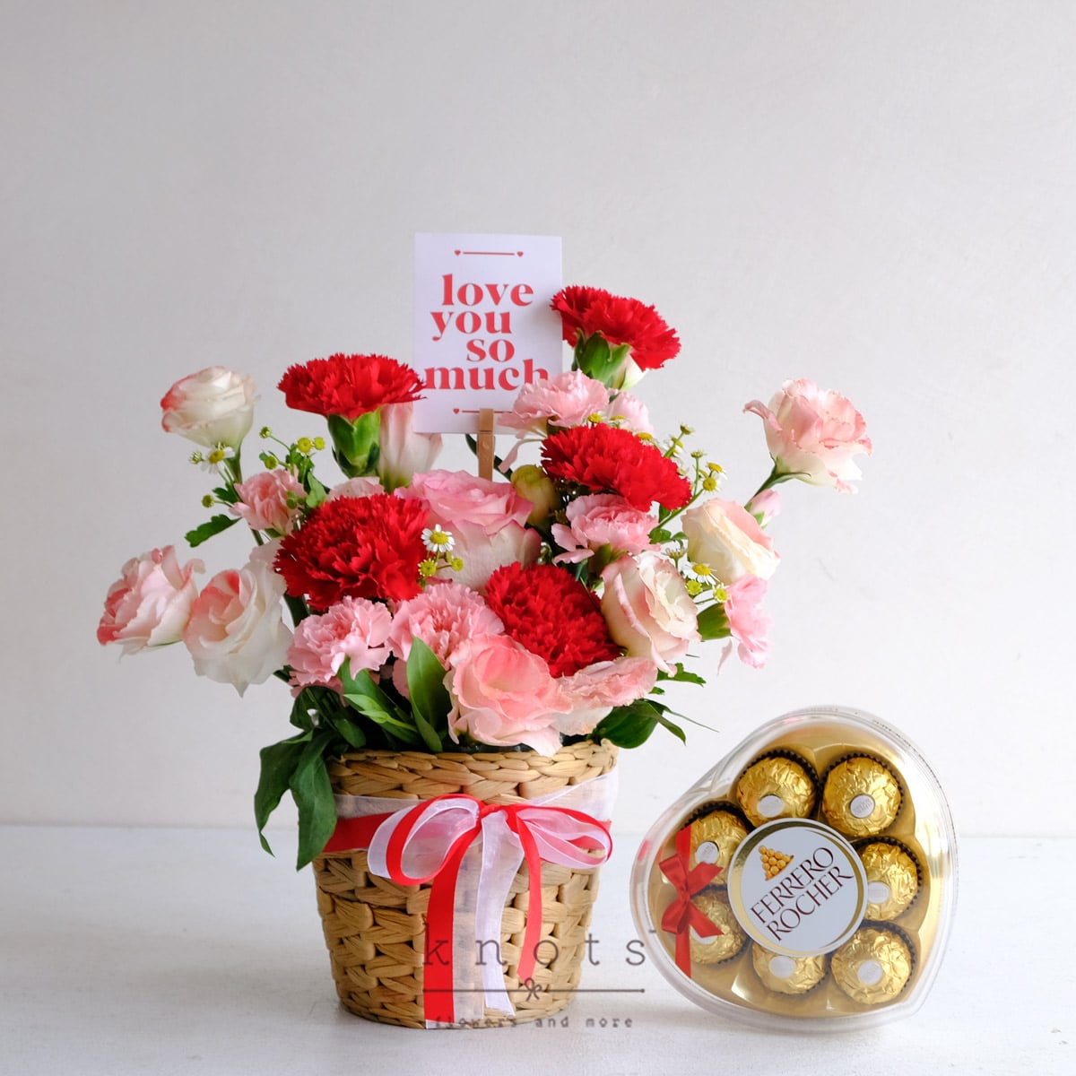 Sweet Heartbeat (Two-toned Pink Rose and Carnations Arrangement with Chocolate)