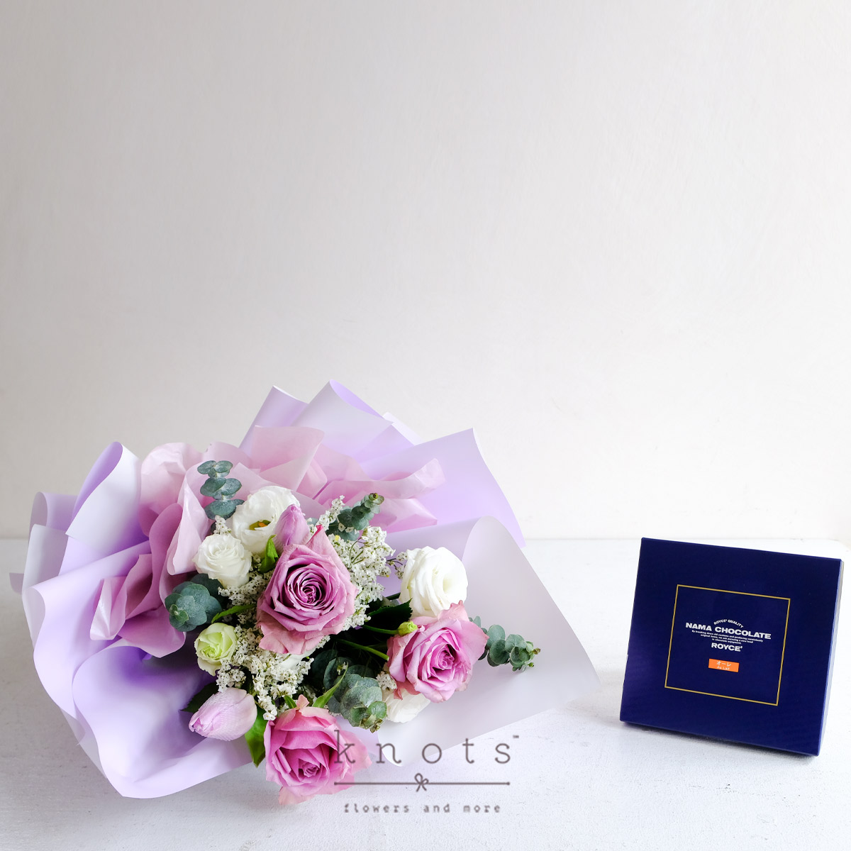 The Royal Truffle (Purple Roses and Lilac Tulips Bouquet with Chocolate)