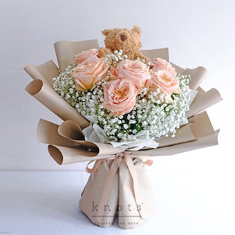 Soft Spot (6 Peach Ecuadorian Roses with Bear Bouquet)