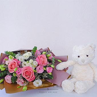 Snuggle Blooms (Pink Ecuadorian Rose Bouquet with Bear Cuddly)