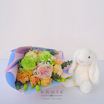 Blooming Softness (Pink Ecuadorian Rose and Green Carnation Bouquet with Bear Cuddly)