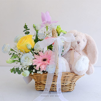Soft Sentiments (Mixed Flowers and Cuddly Arrangement)