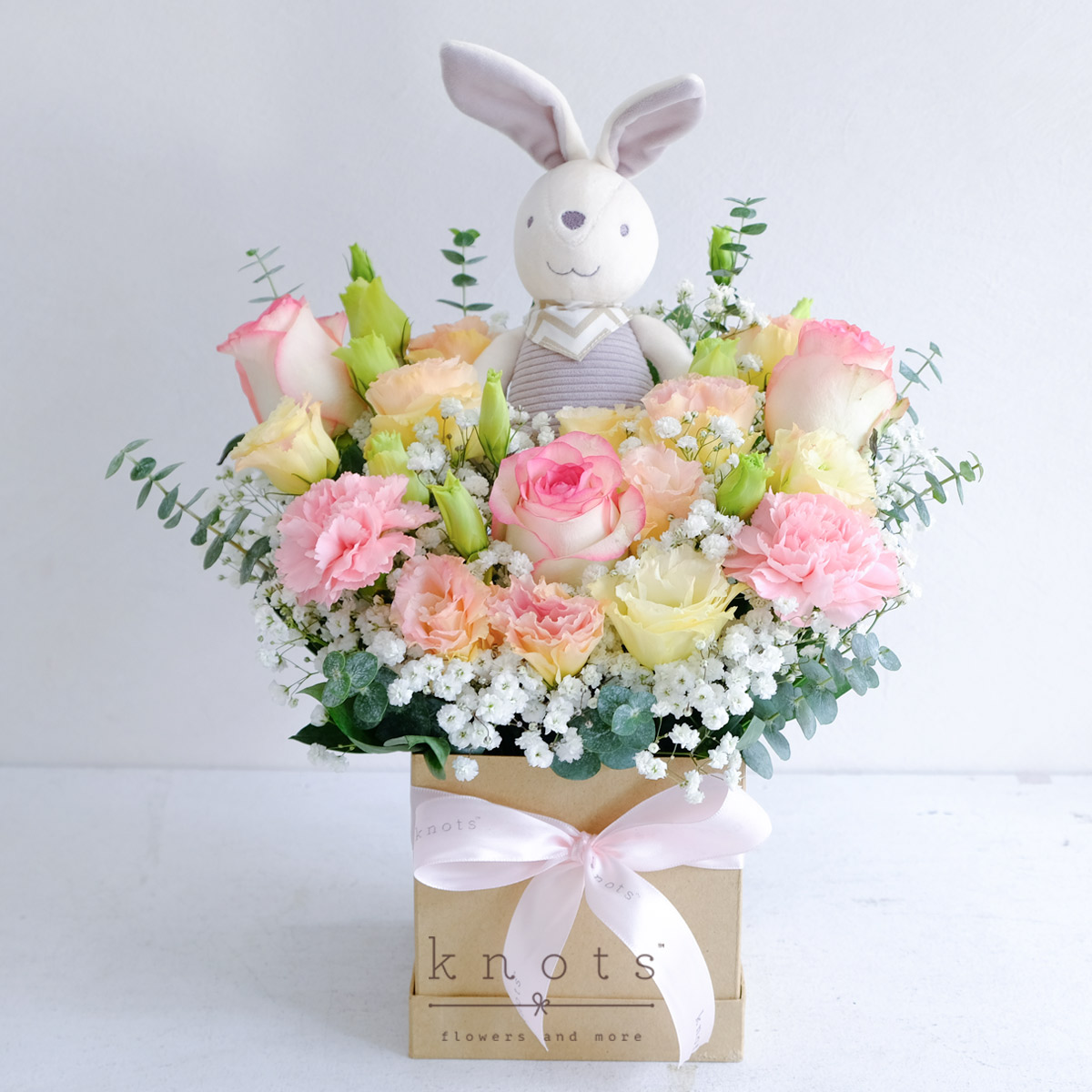 Hoppily Ever After (Rose and Carnation Flower Arrangement and Cuddly)