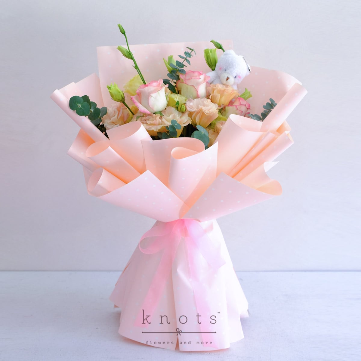 Enchanting Giggles (Pink Roses Bouquet with Mini Bear)