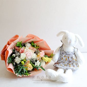 Snuggle Buddy (Pink Ecuadorian Rose Bouquet and Bunny Cuddly)